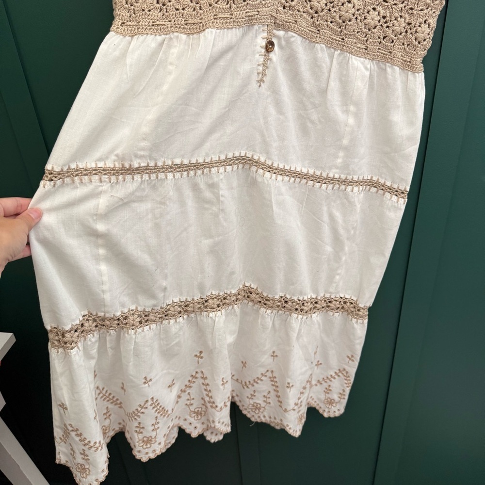 1970S Vintage BROWN & CREAM CROCHET Embroidered MIDI DRESS - Picture 11 of 13